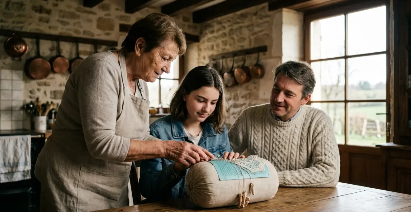 Famille multigénérationnelle partageant des traditions dans un intérieur français chaleureux