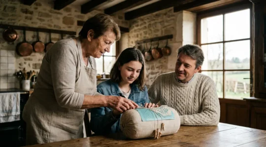 Famille multigénérationnelle partageant des traditions dans un intérieur français chaleureux
