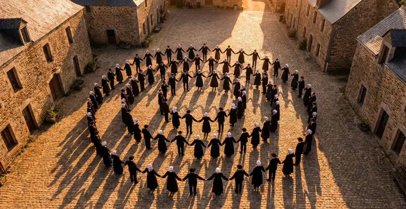 Vue aérienne d'une ronde de danseurs bretons lors d'un fest-noz traditionnel au crépuscule