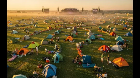 Vue d'ensemble d'un camping de festival avec des tentes colorées, des festivaliers préparant leur matériel sous un soleil d'été