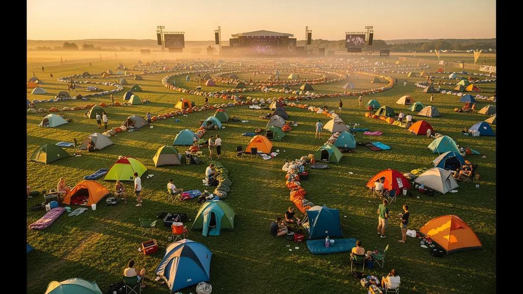 Vue d'ensemble d'un camping de festival avec des tentes colorées, des festivaliers préparant leur matériel sous un soleil d'été