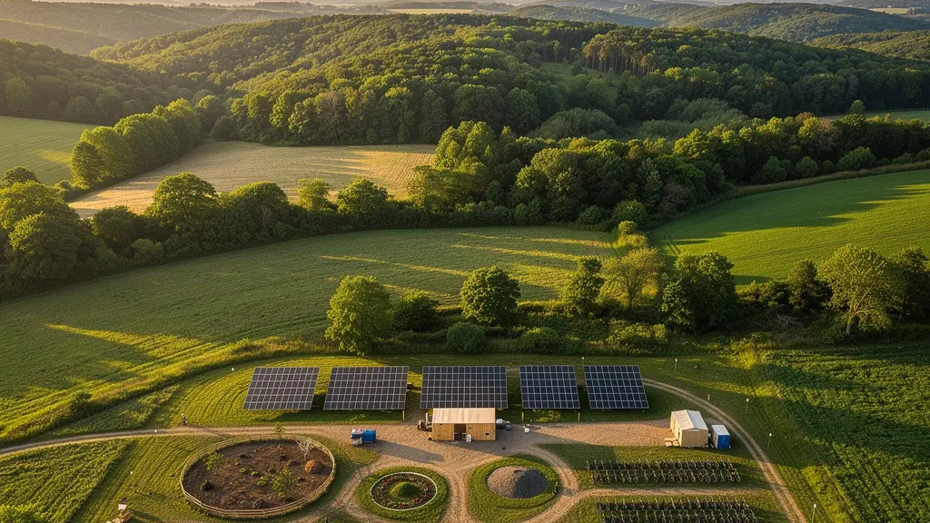 Vue aérienne d'un festival écologique avec espaces verts et installations durables