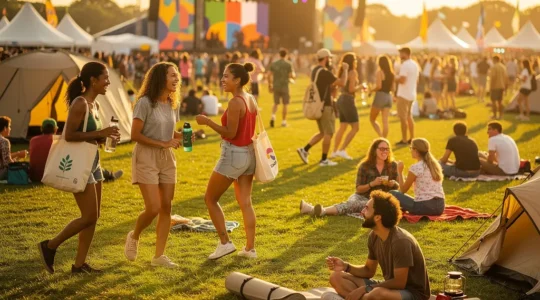 Ambiance festivalière éco-responsable avec festivaliers joyeux portant des accessoires réutilisables dans un cadre verdoyant