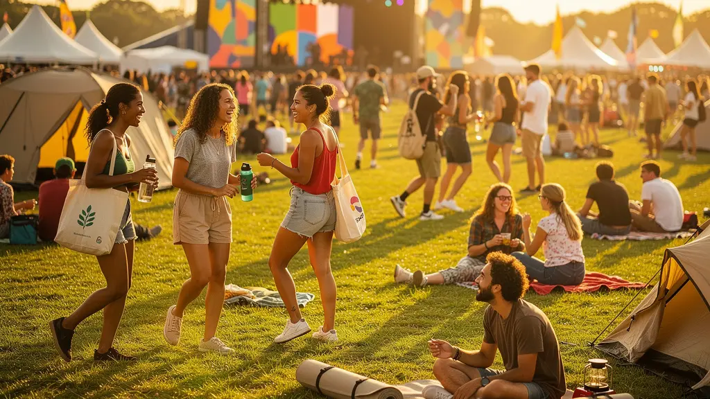 Ambiance festivalière éco-responsable avec festivaliers joyeux portant des accessoires réutilisables dans un cadre verdoyant
