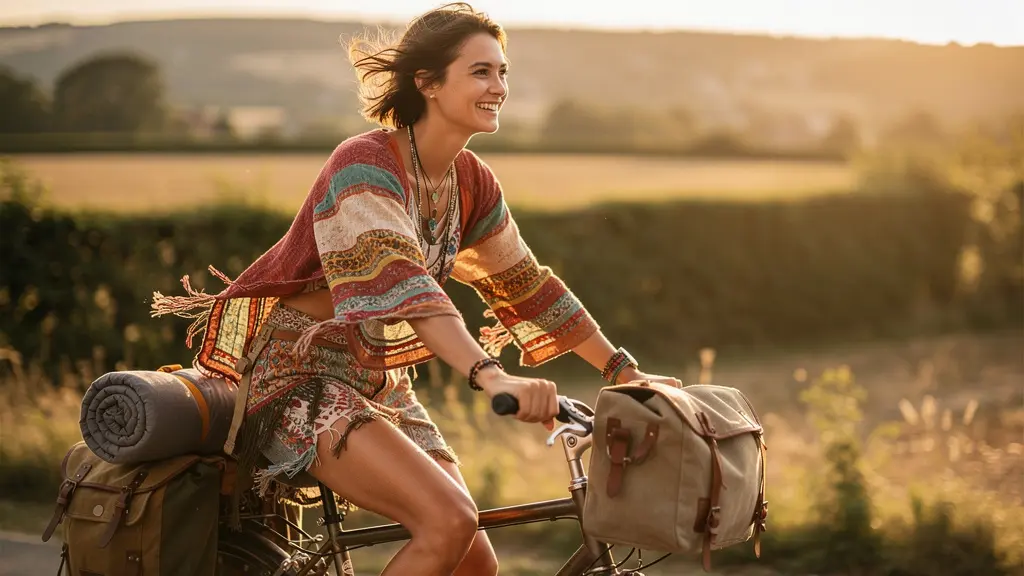 Festivalier à vélo traversant un paysage rural français avec équipement de camping
