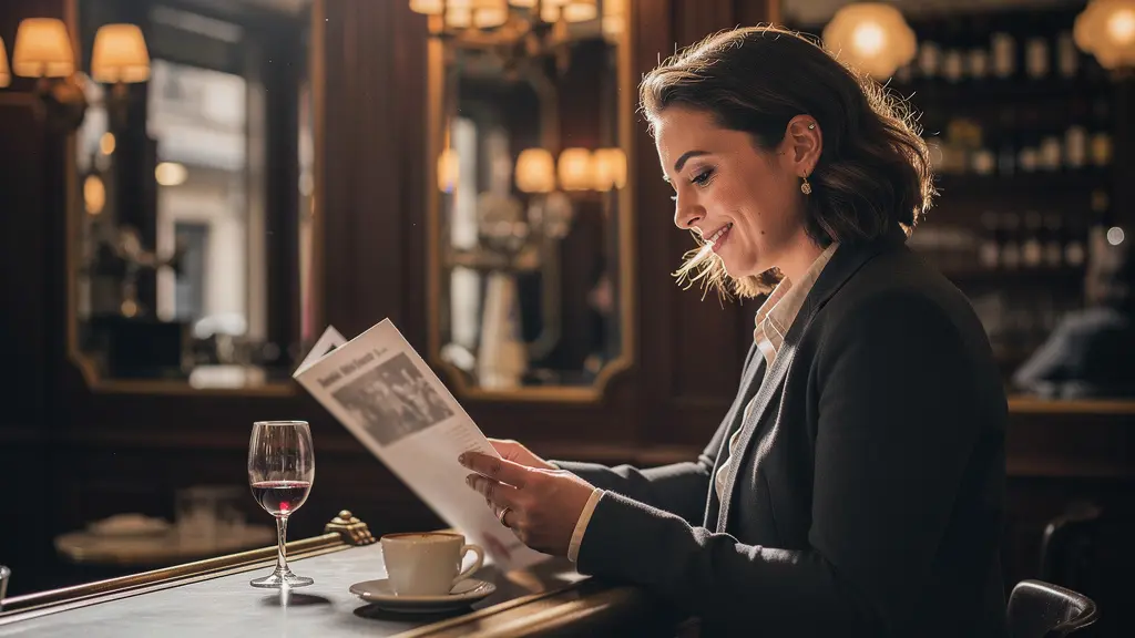 Personne assise seule au comptoir d'une brasserie parisienne avec un programme de théâtre à la main, l'air serein et confiant.