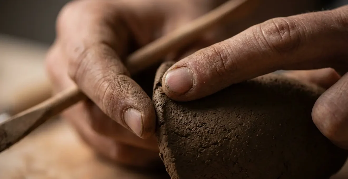 Mains travaillant sur un détail artisanal en gros plan montrant la concentration intense