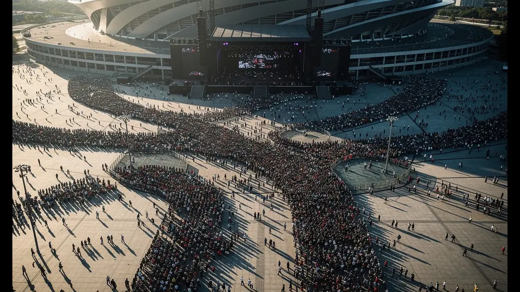 Vue aérienne d'une foule de festivaliers entrant dans un grand stade, perspective dynamique