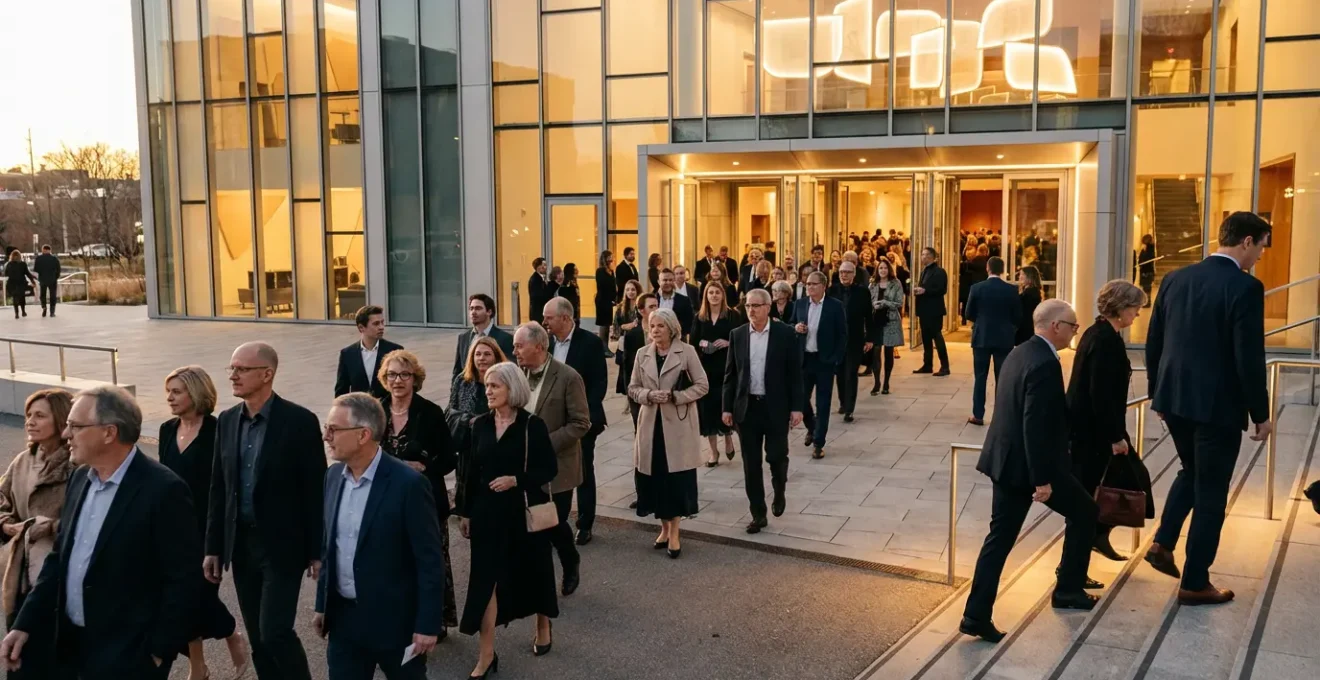 Vue grand angle de spectateurs élégants convergeant vers l'entrée illuminée d'une salle de concert moderne au crépuscule