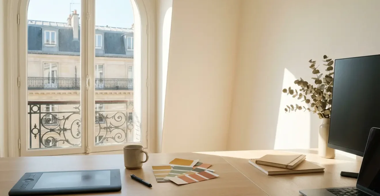 Bureau créatif d'un graphiste freelance avec tablette graphique et palette de couleurs