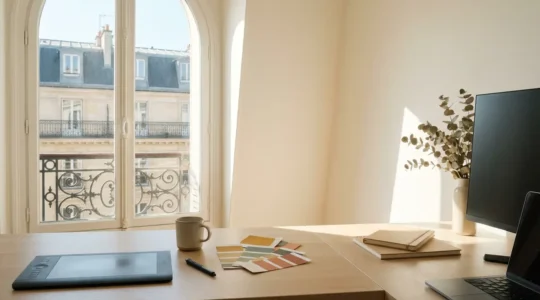 Bureau créatif d'un graphiste freelance avec tablette graphique et palette de couleurs