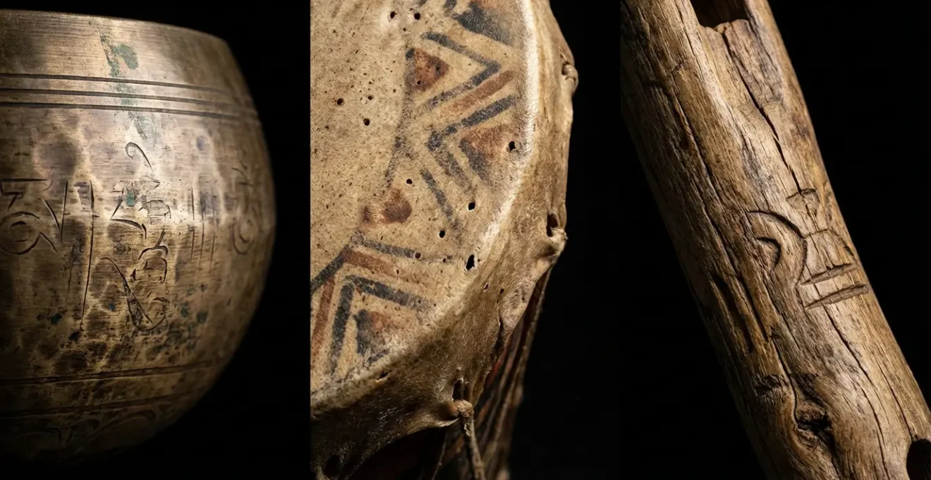 Instruments sacrés de différentes cultures disposés avec respect dans un contexte cérémoniel