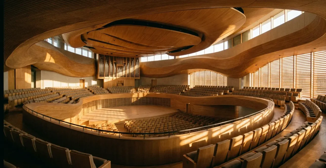 Vue intérieure de la Philharmonie de Paris avec ses balcons en courbes organiques étagés autour de la scène centrale, baignée dans une lumière dorée