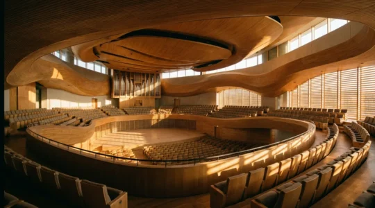 Vue intérieure de la Philharmonie de Paris avec ses balcons en courbes organiques étagés autour de la scène centrale, baignée dans une lumière dorée