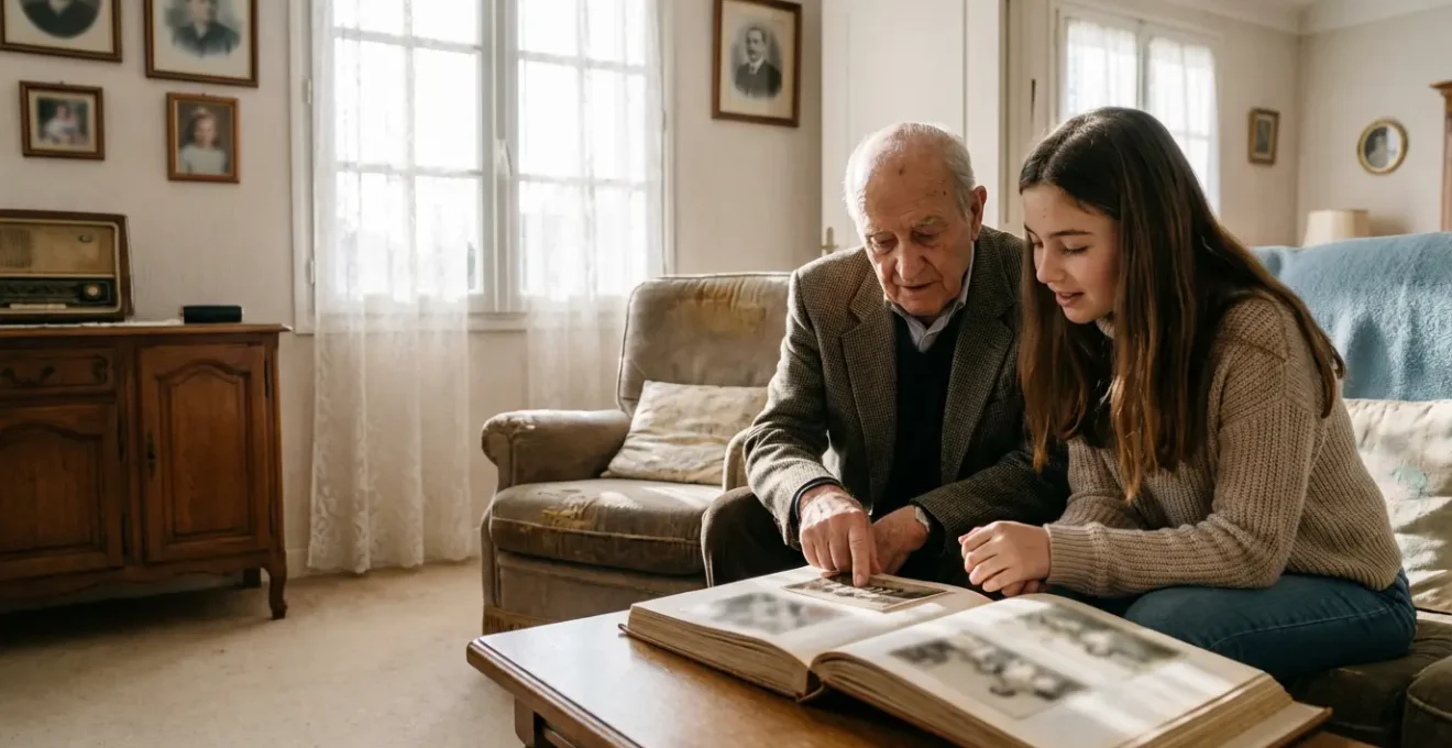 Grand-père et petite-fille consultant ensemble un album photo ancien dans un salon français