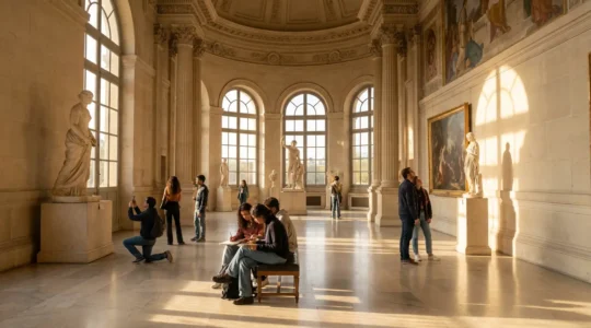 Jeunes visiteurs contemplant des œuvres d'art dans un grand musée français avec lumière naturelle