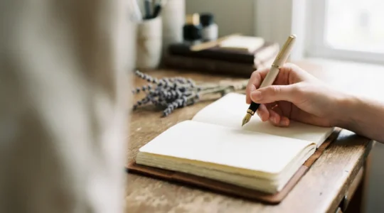 Main tenant une plume au-dessus d'un carnet ouvert dans une lumière naturelle douce