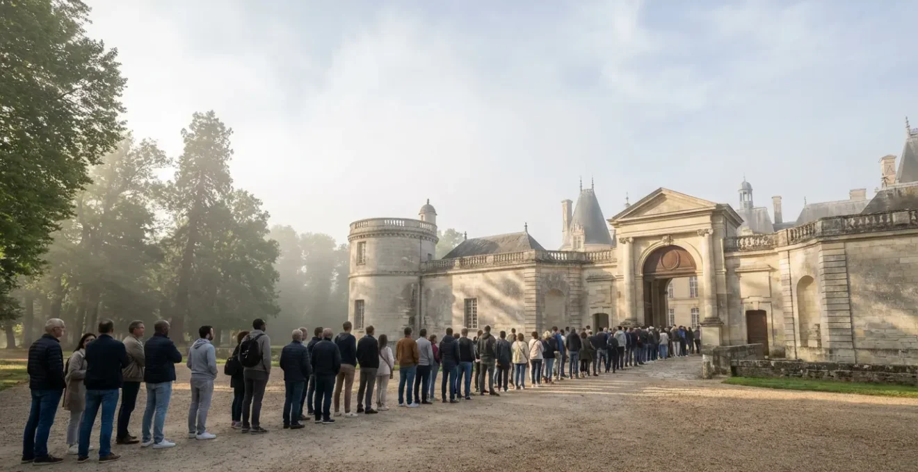 File d'attente de visiteurs devant un château historique lors des Journées du Patrimoine