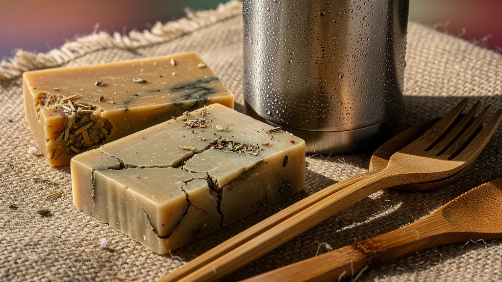 Gros plan sur des cosmétiques solides et accessoires zéro déchet disposés de manière artistique