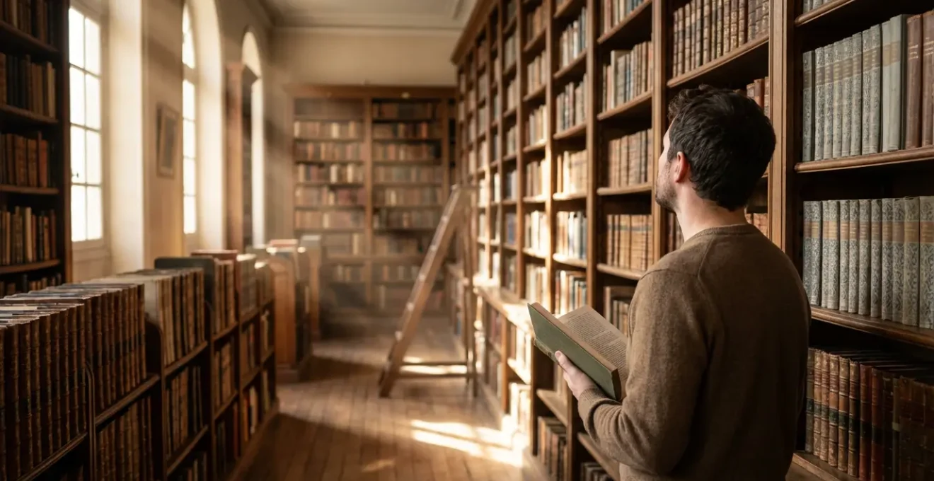 Lecteur dans une bibliothèque baignée de lumière naturelle entouré de romans et livres