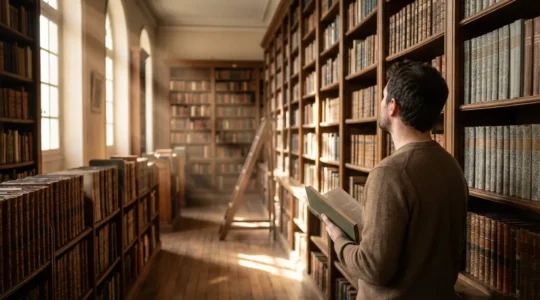 Lecteur dans une bibliothèque baignée de lumière naturelle entouré de romans et livres