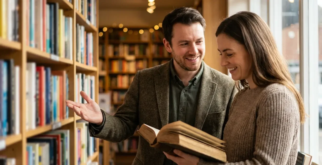 Un libraire en train de conseiller un client parmi les rayonnages, illustrant l'échange humain et personnalisé