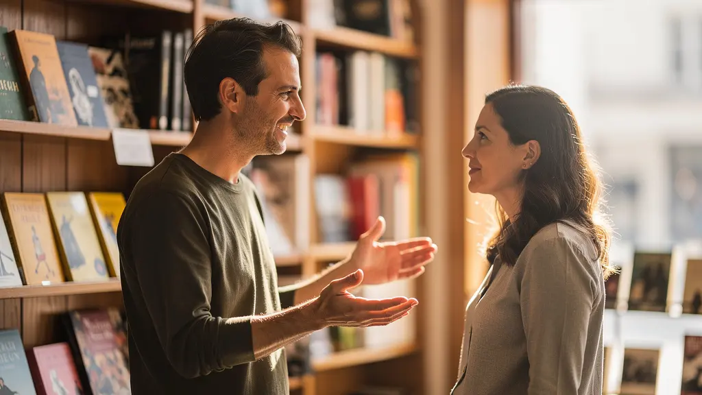 Libraire indépendante conseillant un client dans sa boutique