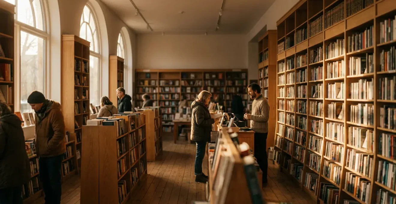 Vue chaleureuse d'une librairie indépendante animée avec ses rayonnages de livres et ses clients en train de découvrir de nouvelles lectures