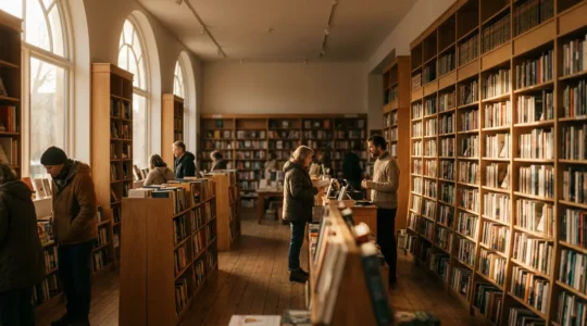 Vue chaleureuse d'une librairie indépendante animée avec ses rayonnages de livres et ses clients en train de découvrir de nouvelles lectures