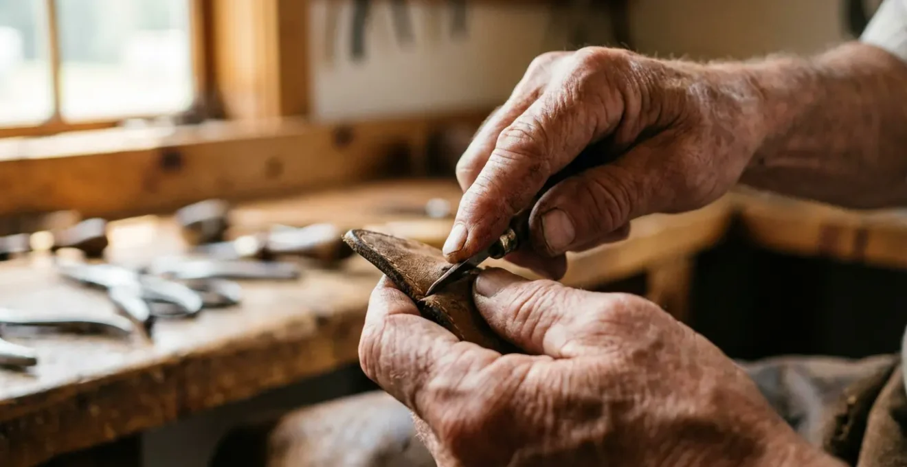 Mains d'artisan travaillant minutieusement sur un objet traditionnel français avec des outils ancestraux