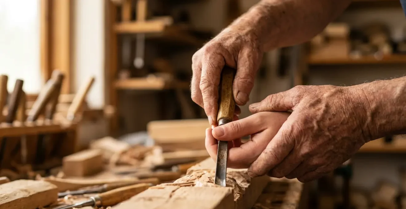 Mains d'un artisan âgé guidant celles d'un jeune apprenti dans la transmission d'un savoir-faire ancestral