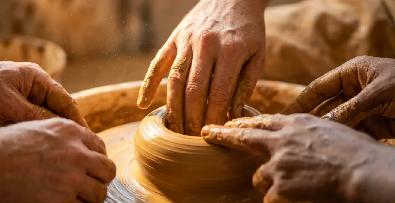 Gros plan sur plusieurs mains travaillant ensemble l'argile sur un tour de potier