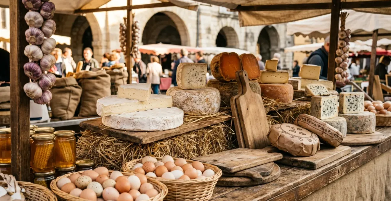 Stand de producteur au marché avec fromages artisanaux et produits fermiers