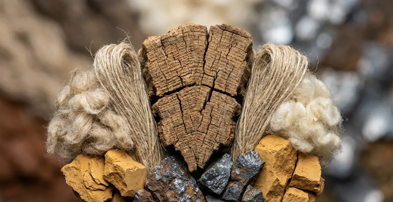 Gros plan sur des matières premières locales utilisées dans l'artisanat français avec texture naturelle