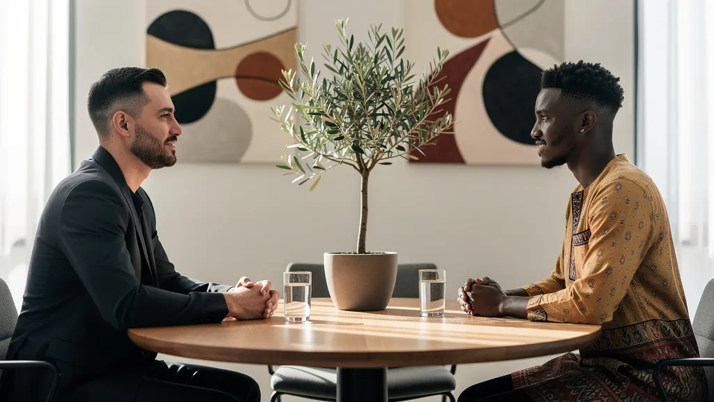 Espace de médiation neutre avec deux personnes en discussion apaisée