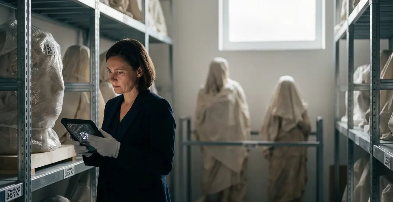 Professionnel mesurant l'hygrométrie d'un espace de stockage pour sculptures