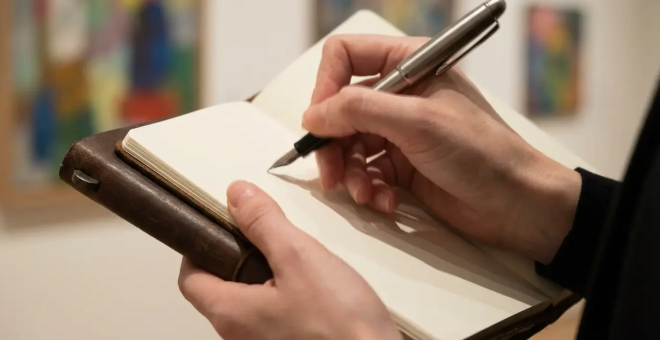 Gros plan sur les mains d'un visiteur tenant un carnet de notes devant une œuvre