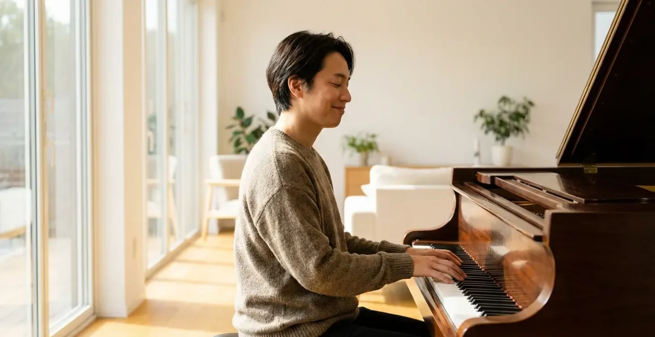 Adulte pratiquant le piano dans un environnement lumineux et apaisant