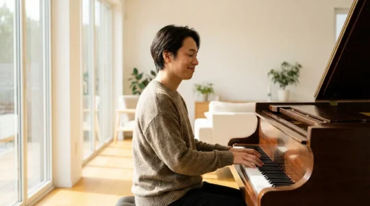 Adulte pratiquant le piano dans un environnement lumineux et apaisant