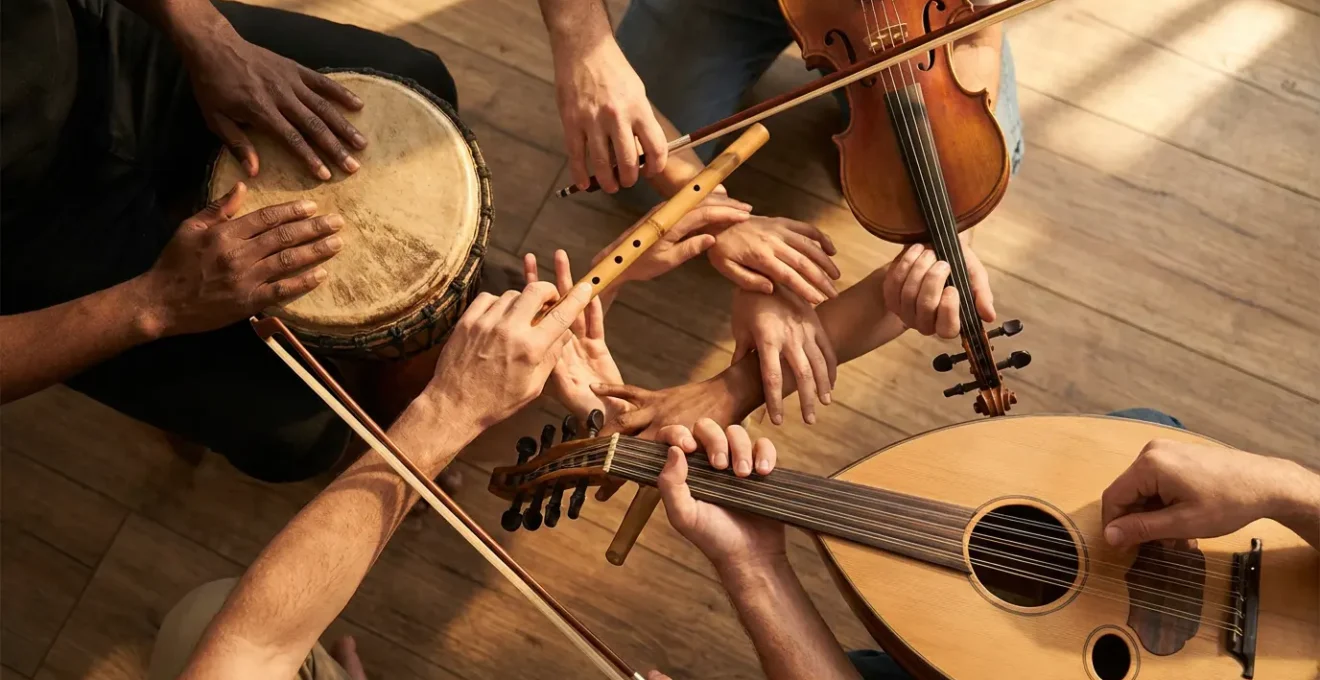 Mains de différentes origines jouant ensemble des instruments traditionnels variés dans une harmonie visuelle