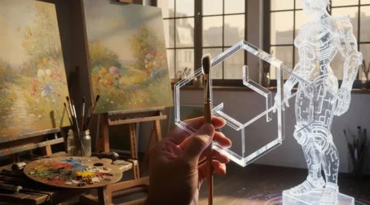 Confrontation artistique entre l'ère impressionniste et l'ère numérique des NFT, montrant un atelier d'artiste parisien où se mélangent pinceaux et écrans