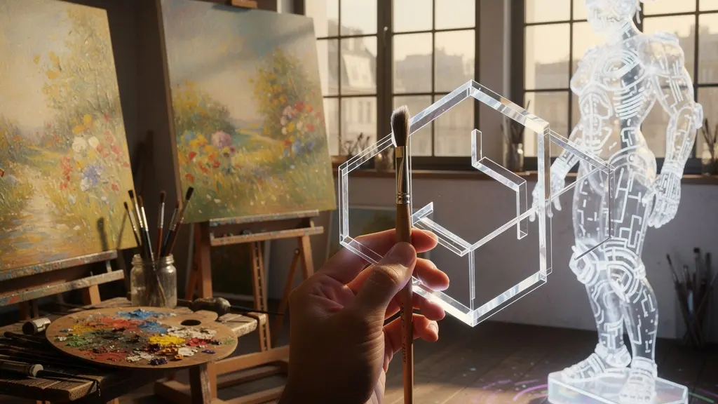 Confrontation artistique entre l'ère impressionniste et l'ère numérique des NFT, montrant un atelier d'artiste parisien où se mélangent pinceaux et écrans
