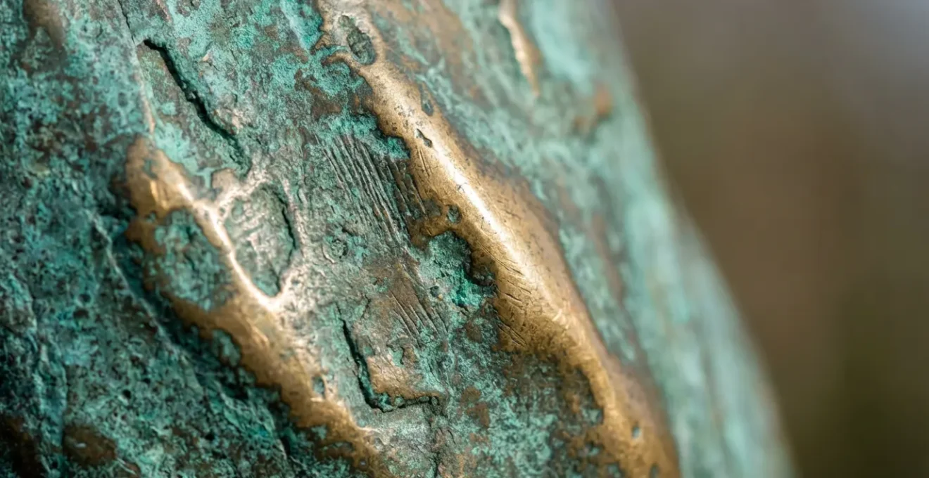 Détail macro d'une patine de bronze sur une sculpture urbaine montrant les textures et l'usure du temps