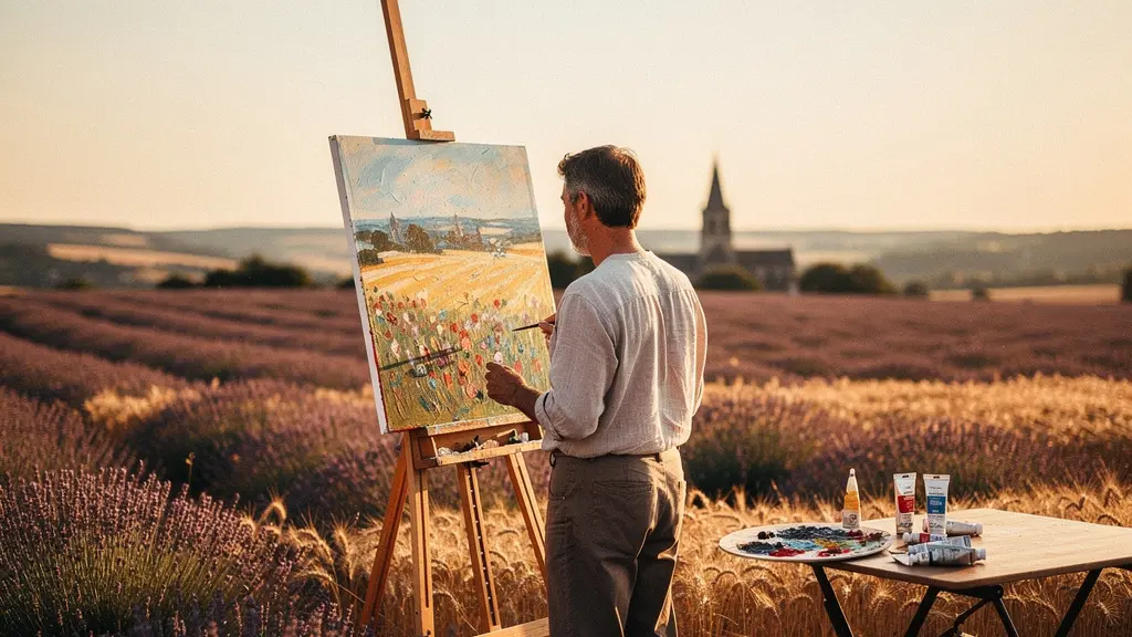 Artiste peignant en plein air face à un paysage français baigné de lumière dorée