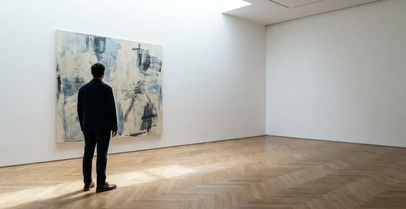Visiteur contemplant une œuvre d'art dans une salle de musée lumineuse et épurée