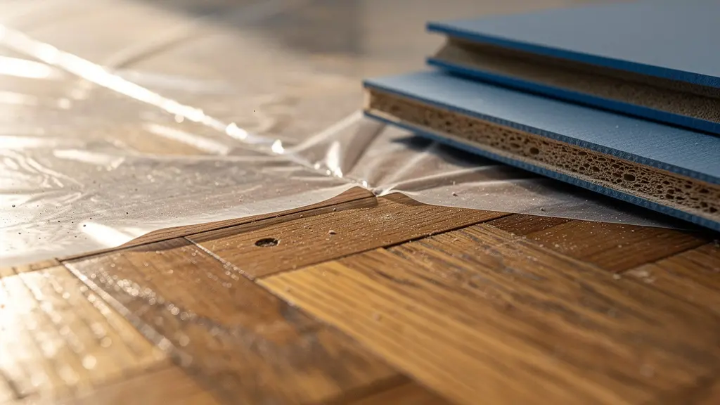 Protection professionnelle d'un parquet ancien avec film et panneaux pendant un chantier de rénovation
