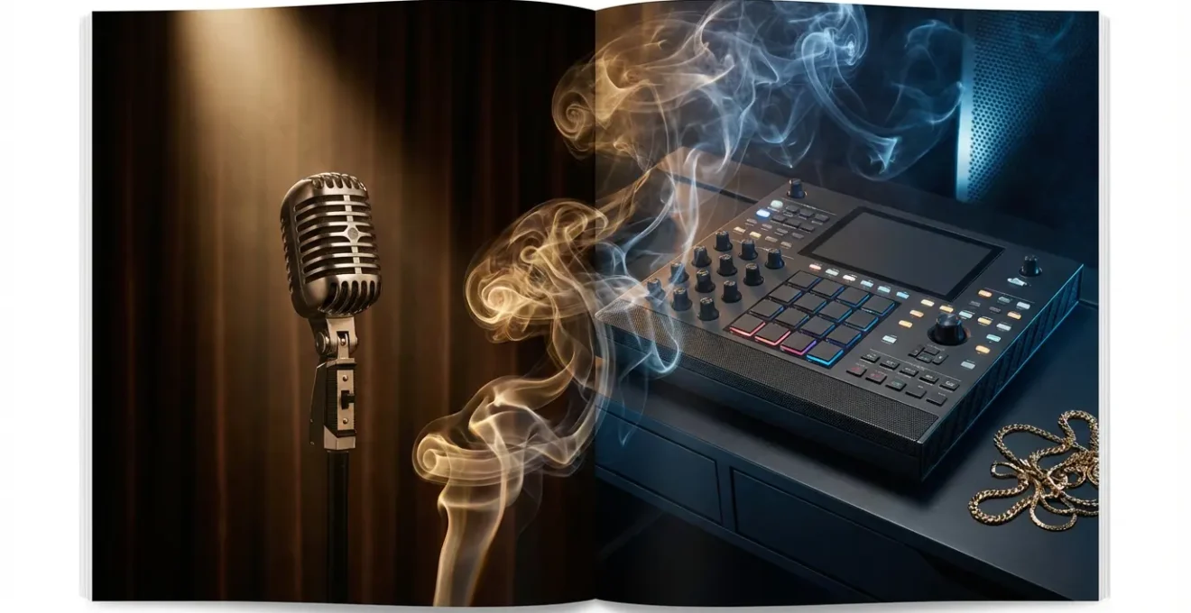 Portrait artistique montrant la convergence entre le rap et la chanson française avec des éléments symboliques des deux univers