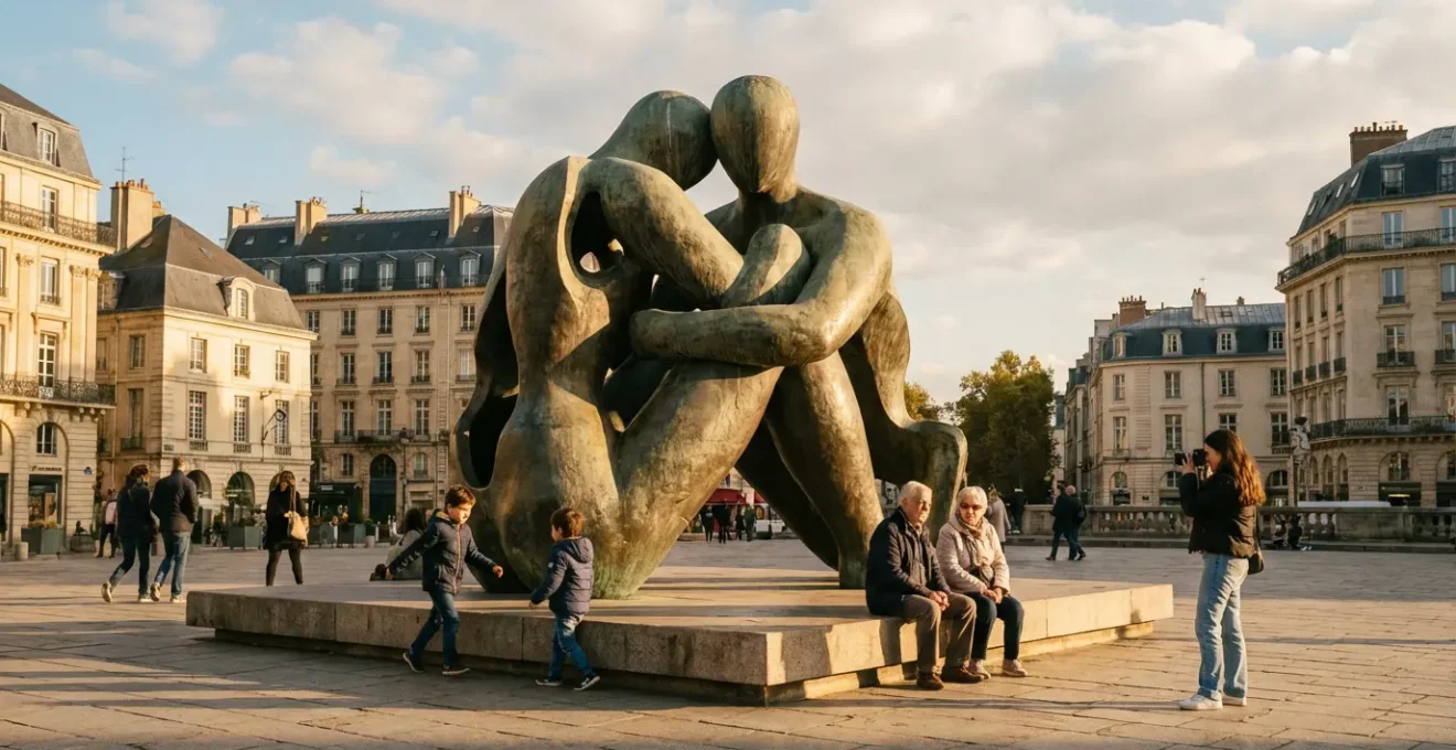 Vue panoramique d'une sculpture monumentale contemporaine sur une place publique française avec des citoyens interagissant naturellement avec l'œuvre