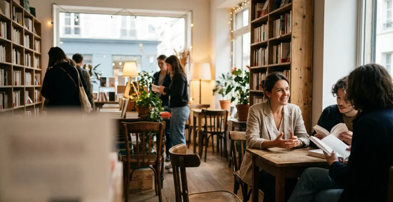 Une séance de dédicace dans une librairie indépendante française avec auteur souriant et quelques lecteurs