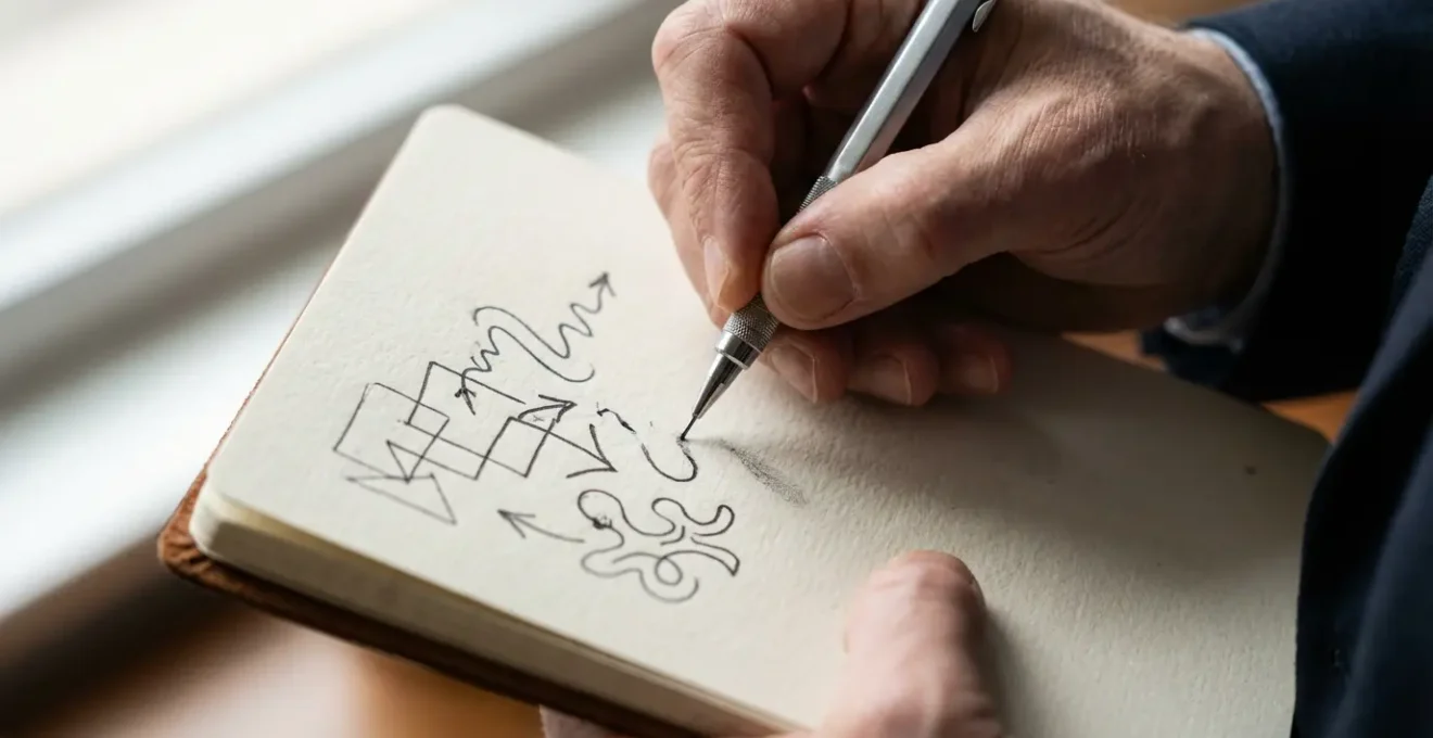 Mains dessinant des notes visuelles avec pictogrammes et connecteurs pendant une conférence